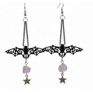 Gothic Bat Earrings with Amethyst Crystal and Star Charm Dangles
